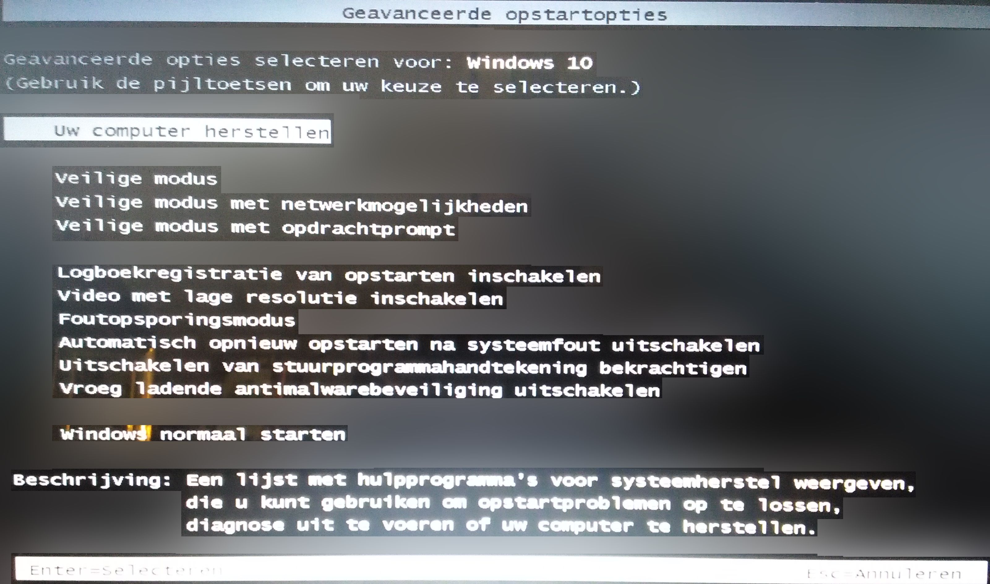 Voorbeeld Keuzelijst na het starten in veilige modus